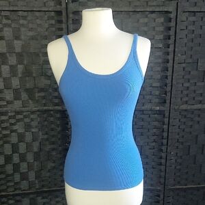 Blue Ribbed Scoop Neck Tank Top - Women